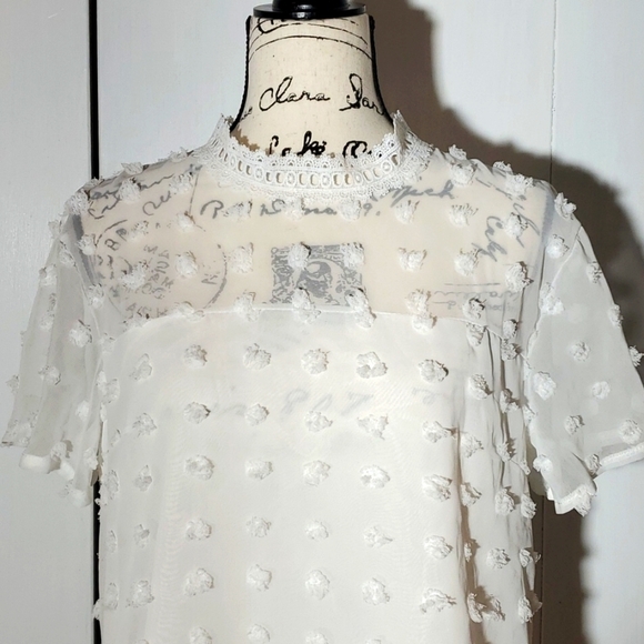 Womens White Raised Puffy Texture Pom Pom Blouse Sheer Keyhole back Sz.Medium - Picture 2 of 7